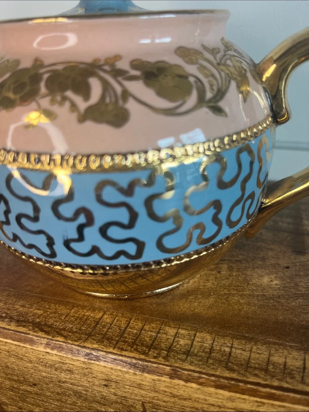 James Sadler Vintage Pink and Blue Ceramic Teapot with Gold Trim